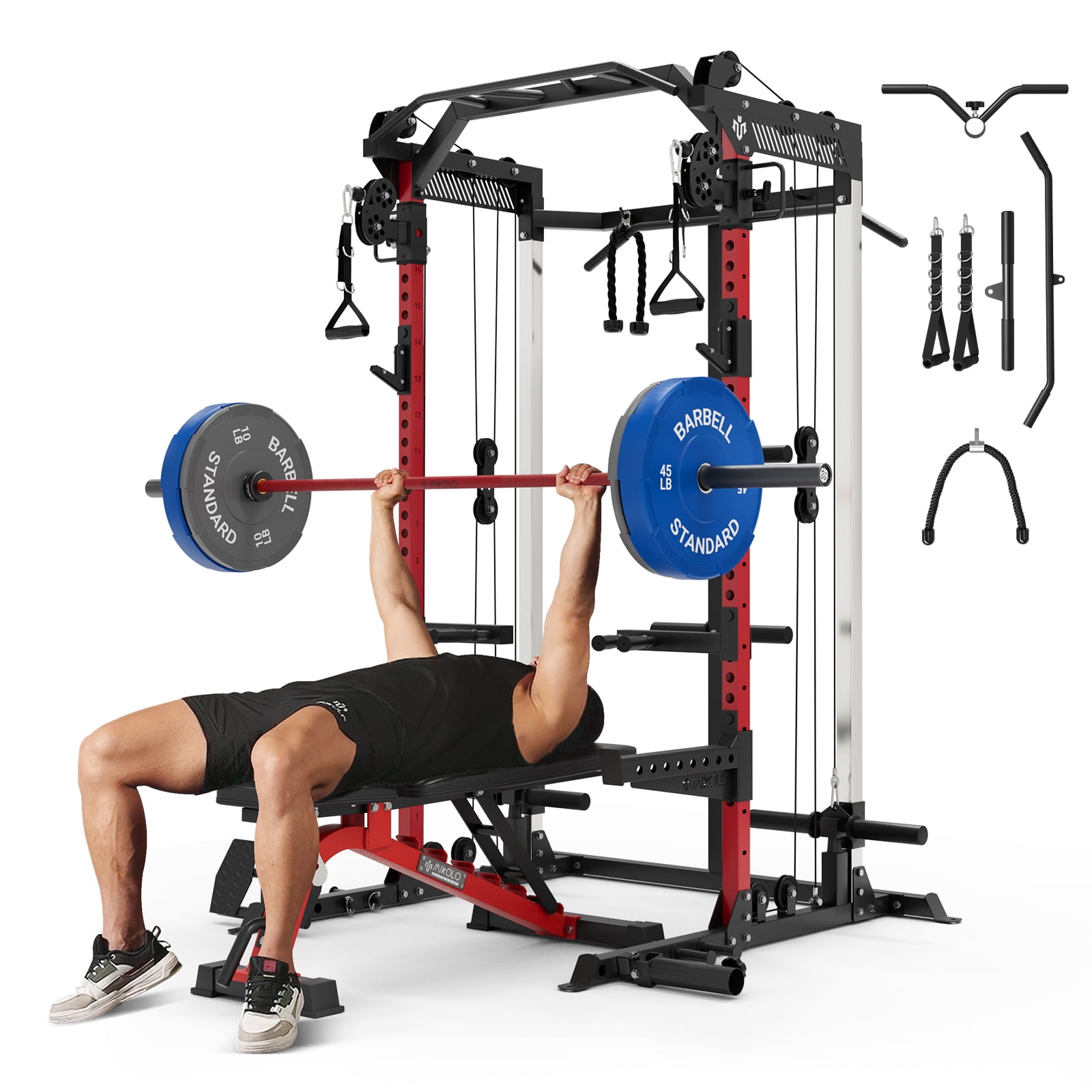 Mikolo Power Rack Cage Weight Rack with Dual Pulley Cable Crossover Machine Multi Function Squat Rack with J Hooks Dip Bars and Landmine for Home Gym
