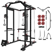 Mikolo Power Rack Cage, Weight Rack with Cable Crossover Machine,Multi-Function Squat Rack with Red Aluminum Pulley, J Hooks, Dip Bars and Landmine for Home Gym Black