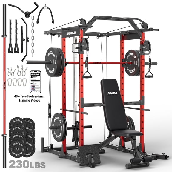 Mikolo Power Rack Cage, Weight Rack with Cable Crossover Machine,Multi-Function Squat Rack with Weight Bench, J Hooks,Dip Bars and Landmine for Home Gym (Red combo)