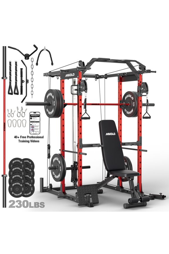 Power Rack Cage, Weight Rack with Cable Crossover Machine,Multi-Function Squat Rack with Weight Bench, J Hooks,Dip Bars and Landmine for Home Gym (Red combo)