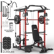 Mikolo Power Rack Cage, Weight Rack with Cable Crossover Machine,Multi-Function Squat Rack with Weight Bench, J Hooks,Dip Bars and Landmine for Home Gym Red combo