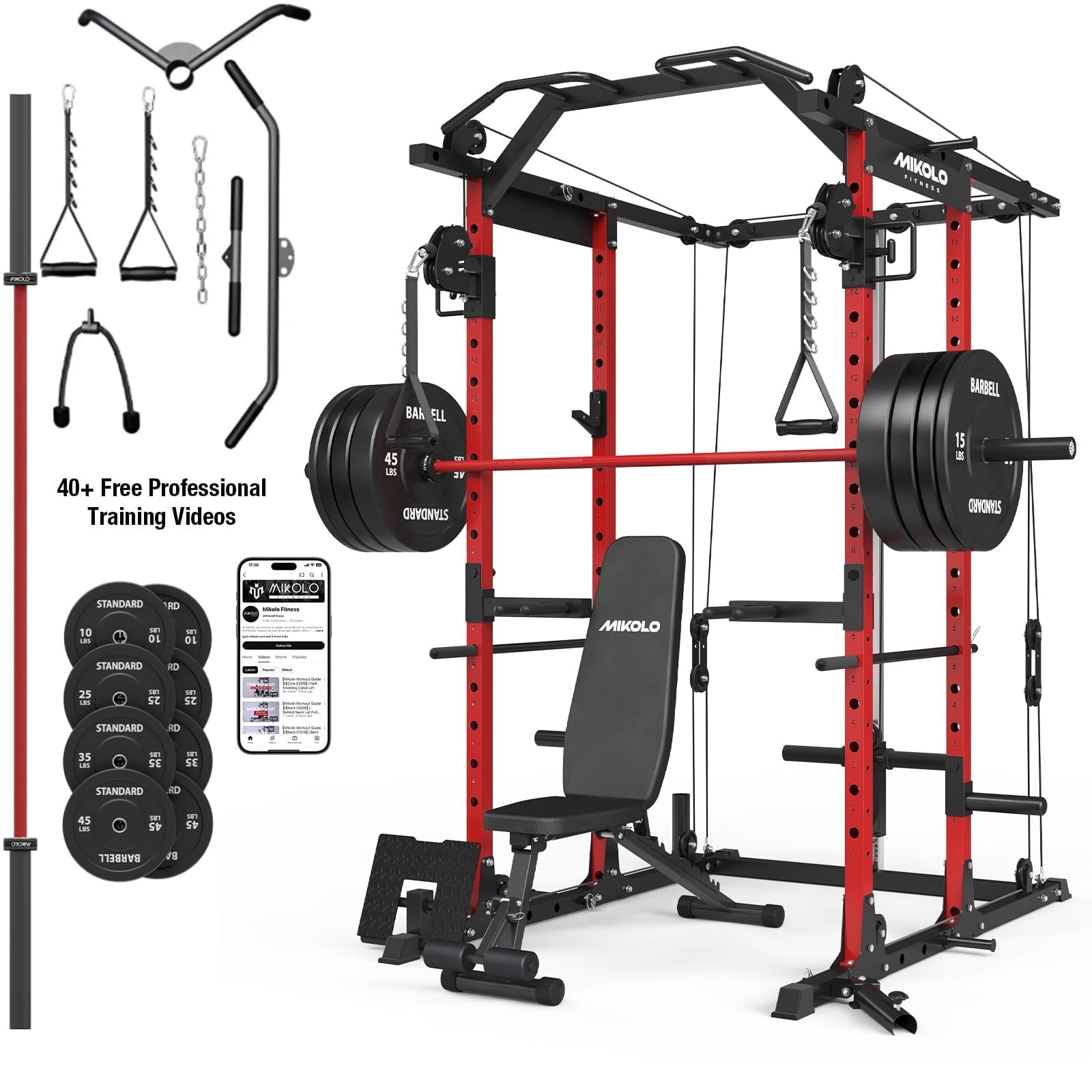 Mikolo Power Rack Cage, Weight Rack with Cable Crossover Machine,Multi-Function Squat Rack with Weight Bench, J Hooks,Dip Bars and Landmine for Home Gym (Red combo)