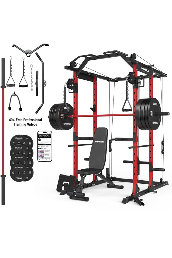 Power Rack Cage, Weight Rack with Cable Crossover Machine,Multi-Function Squat Rack with Weight Bench, J Hooks,Dip Bars and Landmine for Home Gym (Red combo)