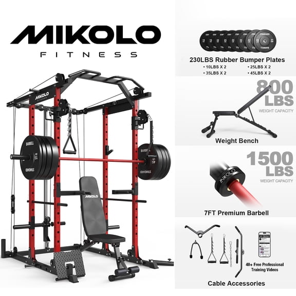 Mikolo Power Rack Cage, Weight Rack with Cable Crossover Machine,Multi-Function Squat Rack with Weight Bench, J Hooks,Dip Bars and Landmine for Home Gym (Red combo)