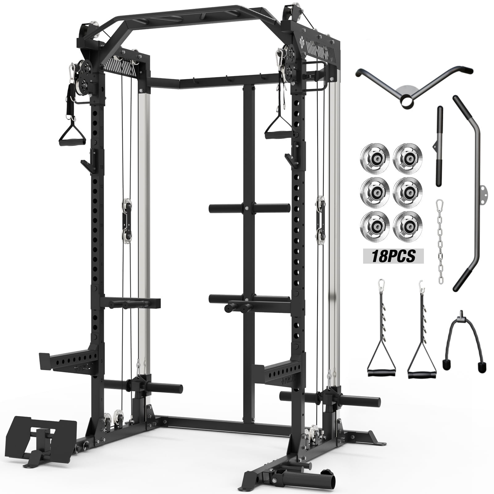 Mikolo Power Rack Cage with Dual Pulleys, Landmine, Dip Bars, J Hooks ...