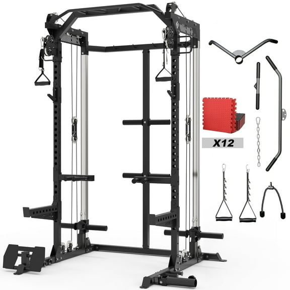 Mikolo Power Rack Cage, Weight Rack with Dual Pulley Cable Crossover Machine,Multi-Function Squat Rack with J Hooks,Dip Bars and Landmine for Home Gym (Black) Mats