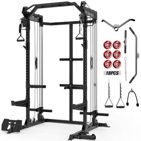 Mikolo Power Rack Cage, Weight Rack with Dual Pulley Cable Crossover Machine,Multi-Function Squat Rack with J Hooks,Dip Bars and Landmine for Home Gym (Black) Aluminum Pulley