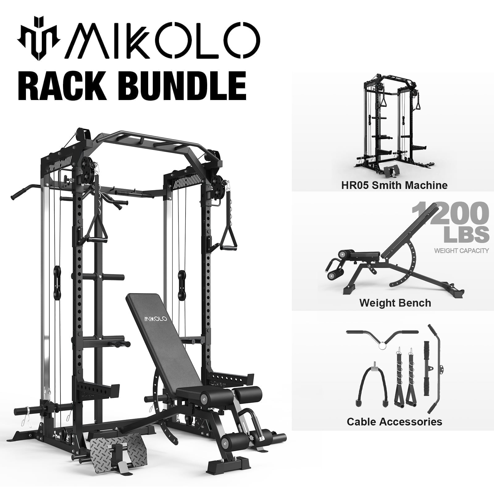 Mikolo Power Rack Cage, Weight Rack with Dual Pulley Cable Crossover Machine,Multi-Function Squat Rack with Weight Bench, Dip Bars and Landmine for Home Gym (Black)
