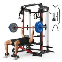 Mikolo Power Rack Cage, Weight Rack with Dual Pulley Cable Crossover Machine,Multi-Function Squat Rack with J Hooks,Dip Bars and Landmine for Home Gym (Red)