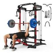 Mikolo Power Rack Cage, Weight Rack with Dual Pulley Cable Crossover Machine,Multi-Function Squat Rack with J Hooks,Dip Bars and Landmine for Home Gym (Red)