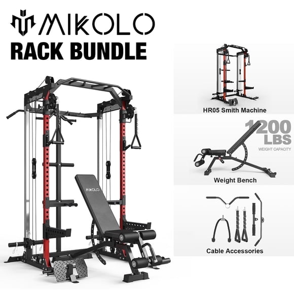 Mikolo Power Rack Cage, Weight Rack with Dual Pulley Cable Crossover Machine,Multi-Function Squat Rack with J Hooks,Dip Bars and Landmine for Home Gym (Red)