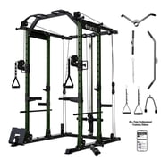 Mikolo Power Rack Cage, Weight Rack with Cable Crossover Machine,Multi-Function Squat Rack with J Hooks,Dip Bars and Landmine for Home Gym Green