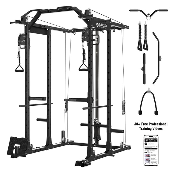 Mikolo Power Rack Cage, Weight Rack with Cable Crossover Machine,Multi-Function Squat Rack with J Hooks,Dip Bars and Landmine for Home Gym