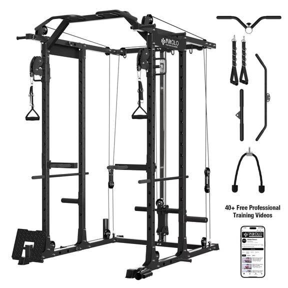 Mikolo Power Rack Cage, Weight Rack with Cable Crossover Machine,Multi-Function Squat Rack with J Hooks,Dip Bars and Landmine for Home Gym