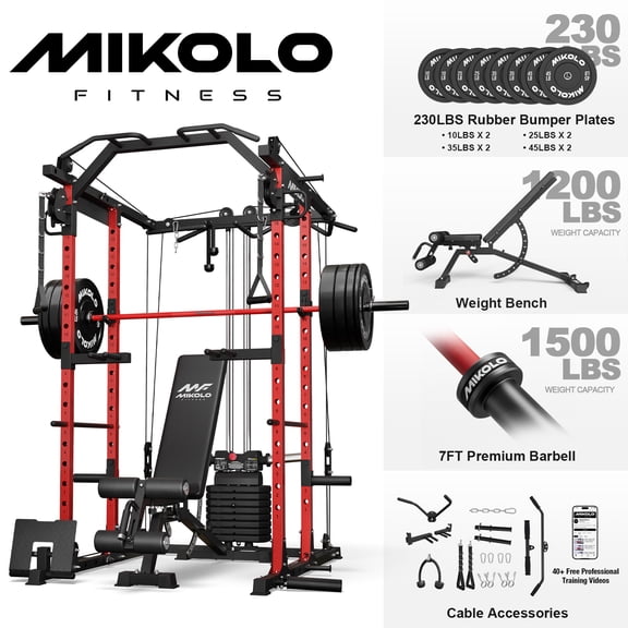 Mikolo Power Rack Cage, Weight Stack Power Cage with Cable Crossover Machine, Multi-Function Squat Rack with 1200LBS Weight Bench, Barbell & 230LBS Plate for Home Gym Red