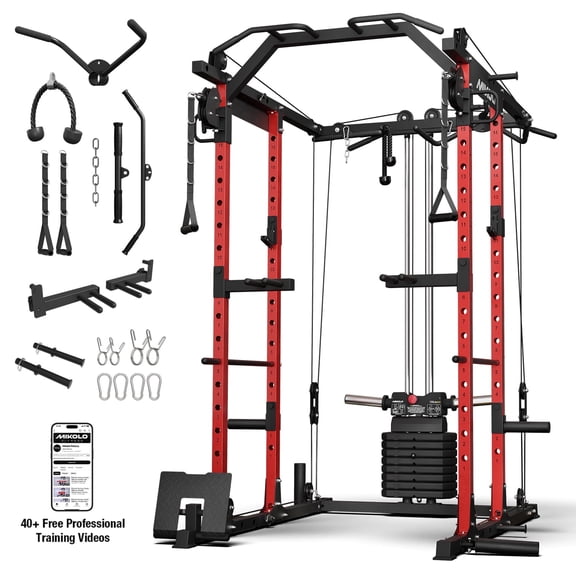 Mikolo Power Rack Cage, Weight Stack Power Cage with Cable Crossover Machine, Multi-Function Squat Rack with Dip Bars and Landmine for Home Gym Red
