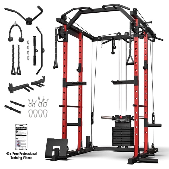 Mikolo Power Rack Cage, Weight Stack Power Cage with Cable Crossover Machine, Multi-Function Squat Rack with Dip Bars and Landmine for Home Gym Red