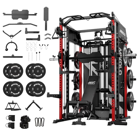 Mikolo Horus Smith Machine Home Gym, 2200LBS Power Rack Cage, Functional Trainer with Dual 128LBS Cement Weight Stacks , Dual High/Low Cables, Full Body Workout Home Gym