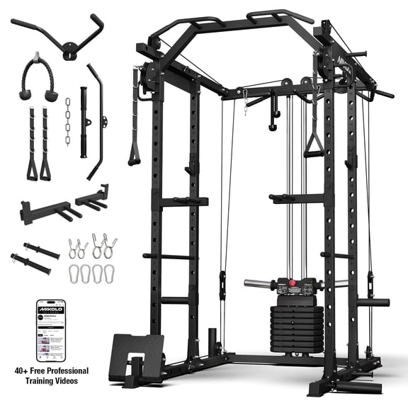 Mikolo Power Rack Cage, Weight Stack Power Cage with Cable Crossover Machine, Multi-Function Squat Rack with Dip Bars and Landmine for Home Gym Black