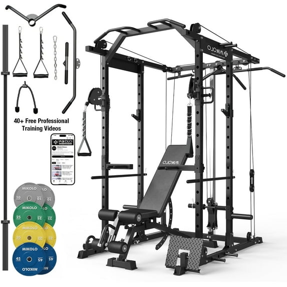 Mikolo Power Rack Cage, 1500LBS Weight Cage with 800LB Capacity Adjustable Weight Bench, 1500LB Capacity Barbell and 230LB Weight Plate set Black