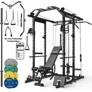 Mikolo Power Rack Cage, 1500LBS Weight Cage with 800LB Capacity Adjustable Weight Bench, 1500LB Capacity Barbell and 230LB Weight Plate set Black