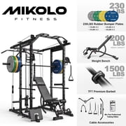 Mikolo Power Rack Cage, 1500LBS Weight Cage with 800LB Capacity Adjustable Weight Bench, 1500LB Capacity Barbell and 230LB Weight Plate set Black