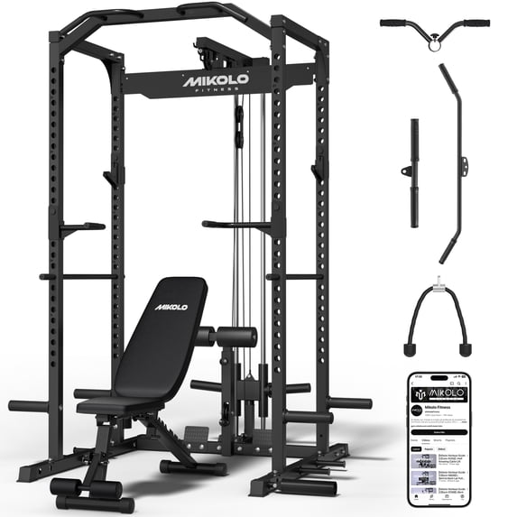 Mikolo Power Rack Cage with LAT Pulldown, 1200 lbs Capacity, Multifunctional, Black Bench