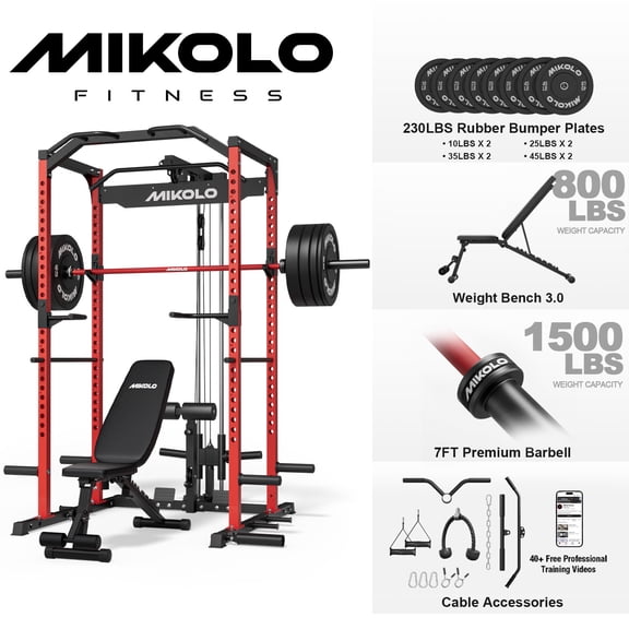 Mikolo Power Rack Cage with LAT Pulldown System,1200 lbs Capacity Power Rack with 800 lbs Capacity Weight Bench and 1500 lbs Capacity Barbell Combo (Red)