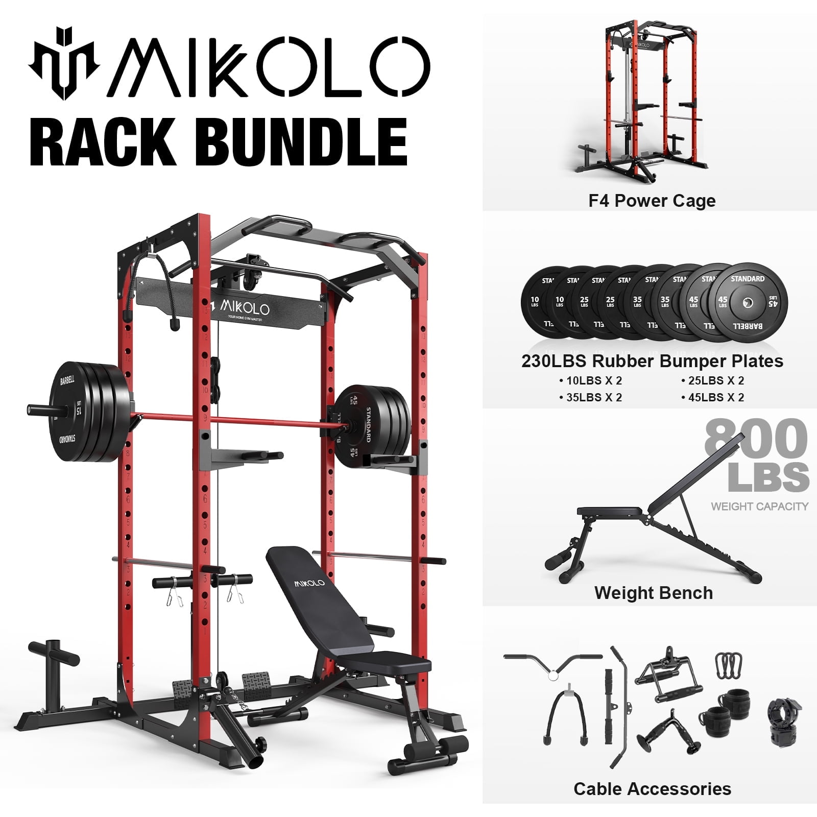 Walmart Deal of Mikolo Power Rack Cage with LAT Pulldown System,1200 lbs Capacity Power Rack with 800 lbs Capacity Weight Bench and 1500 lbs Capacity Barbell Combo (Red)