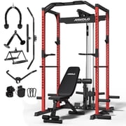Mikolo Power Rack Cage with LAT Pulldown System,1200 lbs Capacity Power Rack with 800 lbs Capacity Weight Bench Cable Accessories