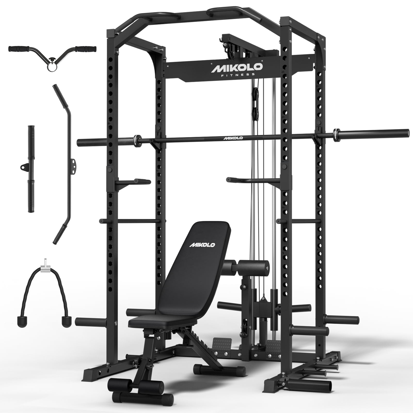 Mikolo Power Rack Cage with LAT Pulldown System,1200 lbs Capacity Power Rack with 800 lbs Capacity Weight Bench and 1500 lbs Capacity Barbell Combo, Black