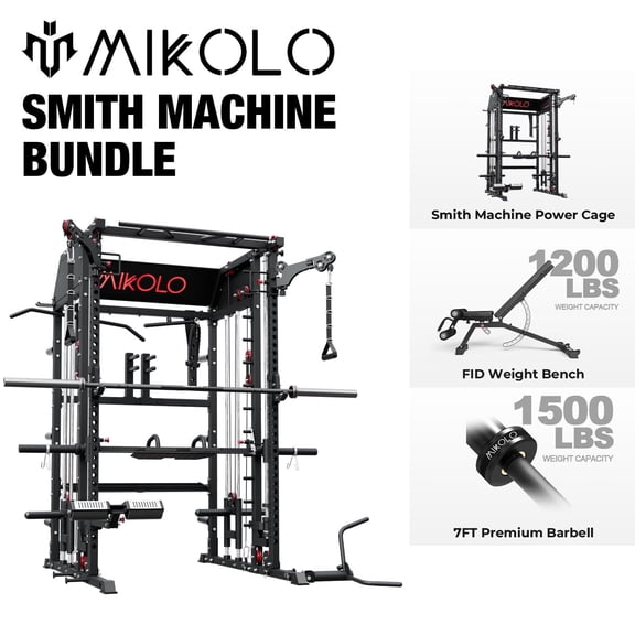 Mikolo Smith Machine Home Gym, All-in-One Power Rack with Smith Cage and Functional Trainer, Squat Rack with 2:1 Dual Pulley Cable System and Extended Forward Reach, Vertical Leg Press