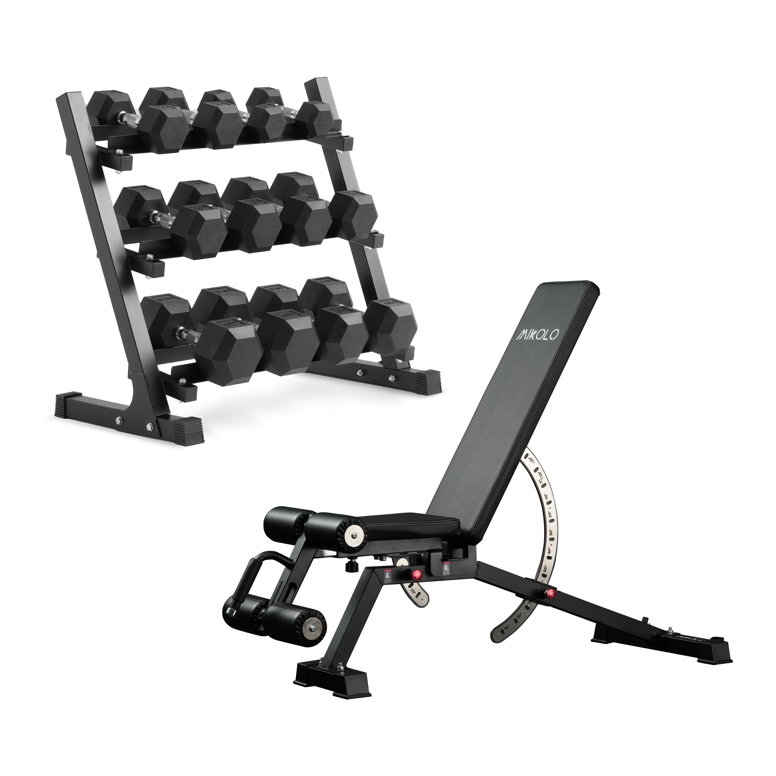 Mikolo Rubber Hex Dumbbell Set with Racks and FID Weighted Bench, Options in 350lbs, Strength Training Weight Set Home Gym