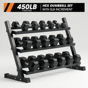 Mikolo Rubber Hex Dumbbell Set with Racks, Option in 450lbs, Strength Training Weight Set Home Gym