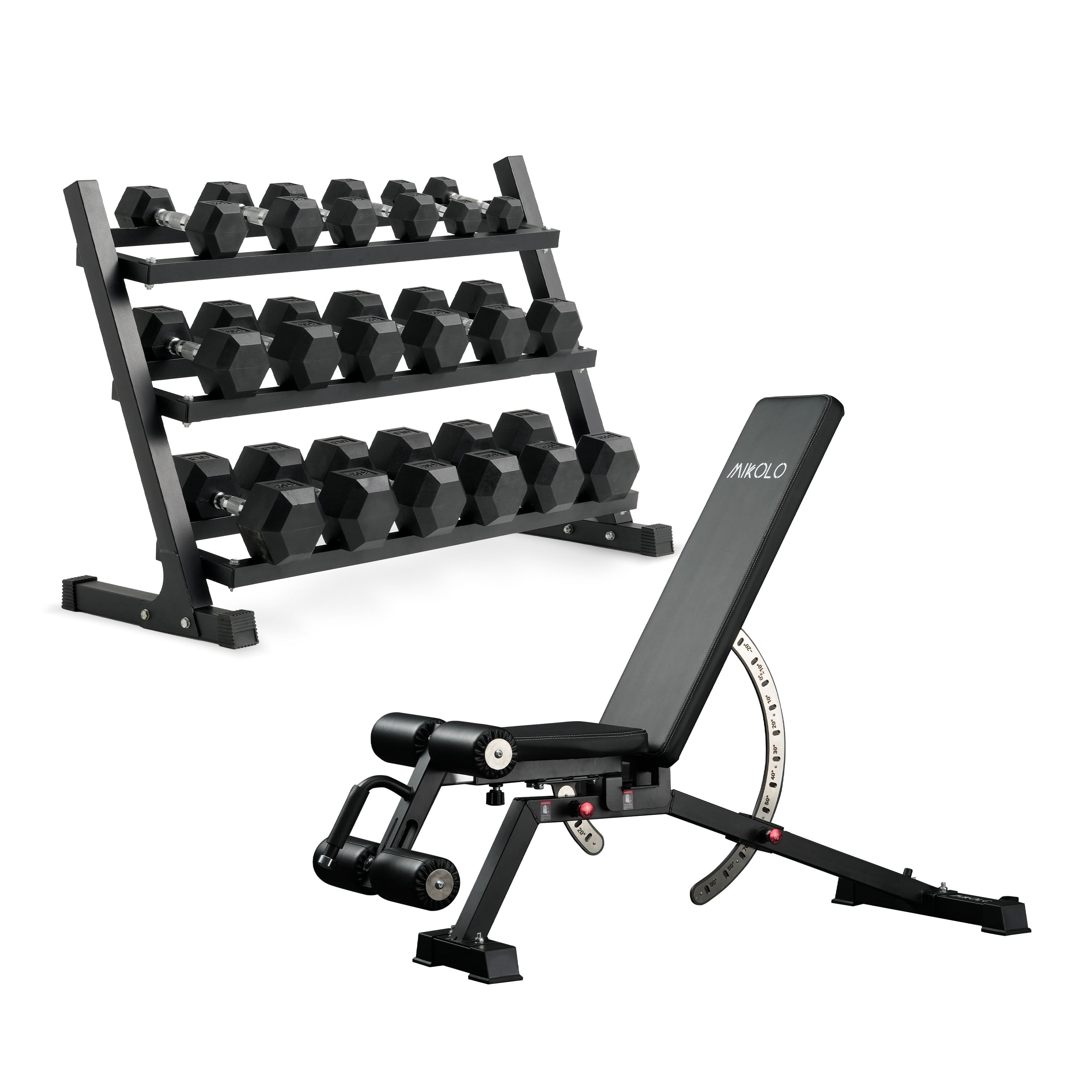 Mikolo Rubber Hex Dumbbell Set with Racks and FID Weighted Bench, Options in 450lbs, Strength Training Weight Set Home Gym