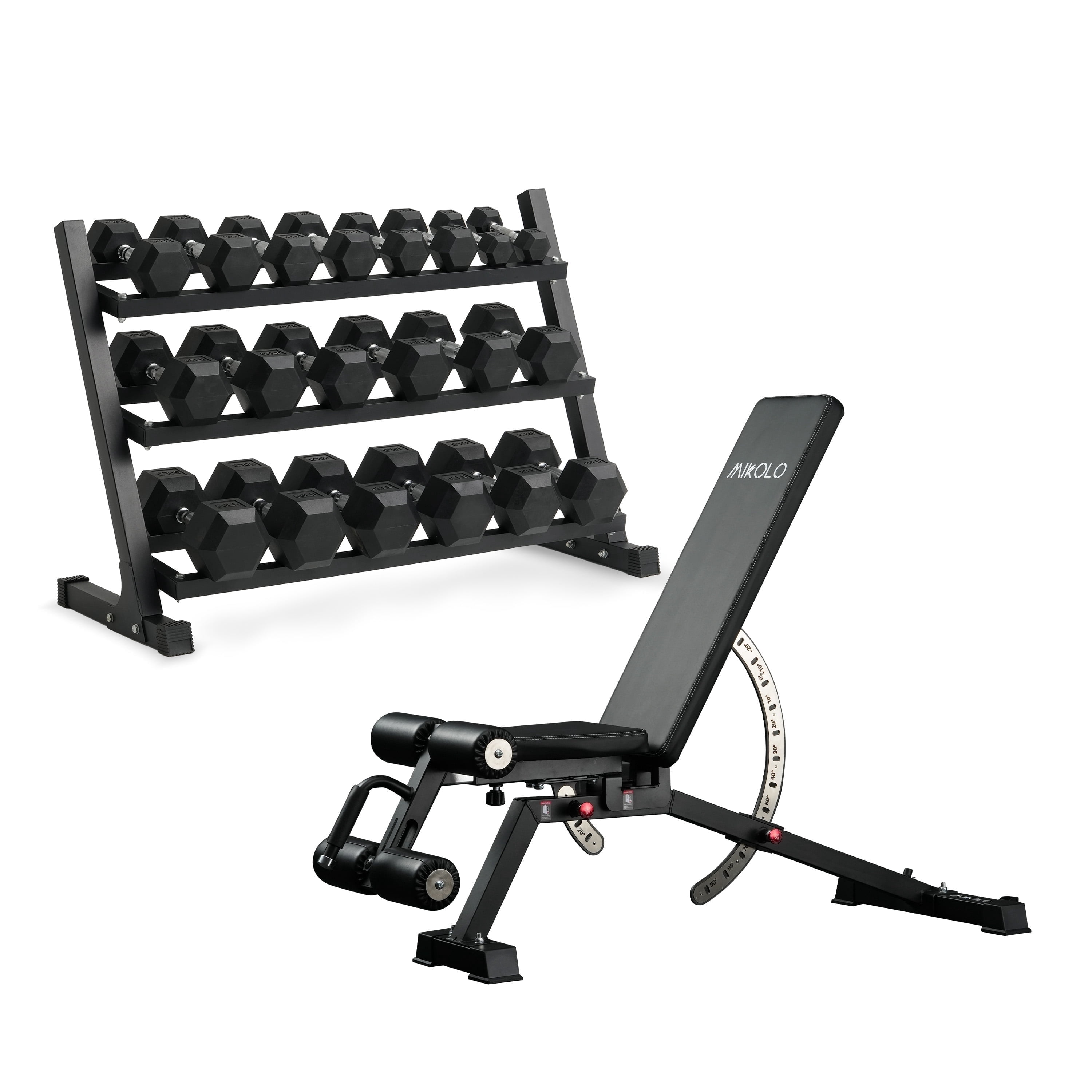 Mikolo Rubber Hex Dumbbell Set with Racks and FID Weighted Bench, Options in 550lbs, Strength Training Weight Set Home Gym