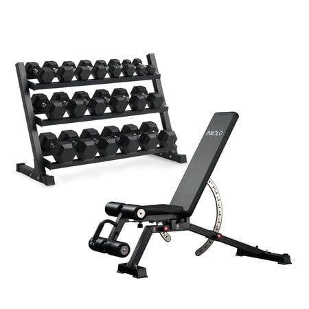 Mikolo Rubber Hex Dumbbell Set with Racks and FID Weighted Bench, Options in 550lbs, Strength Training Weight Set Home Gym