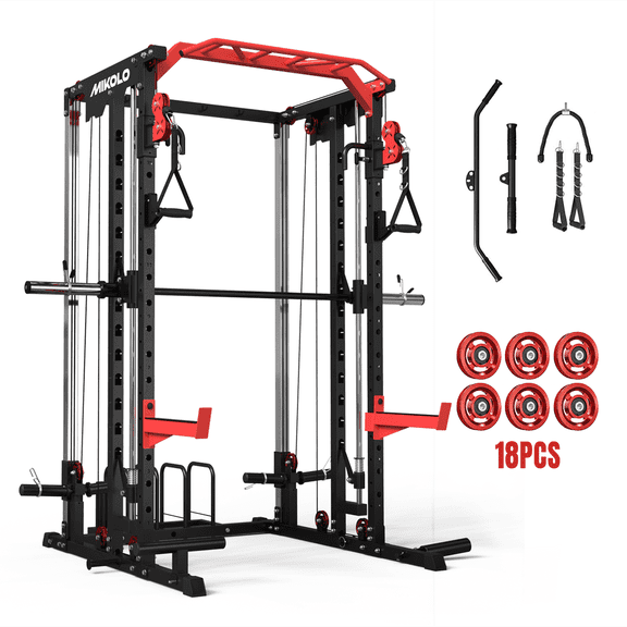 Mikolo Smith Machine Home Gym, 2000LBS Power Cage Squat Rack, Two LAT Pull-Down Systems, Cable Crossover Machine and and More Cable Attachment for Home Gym