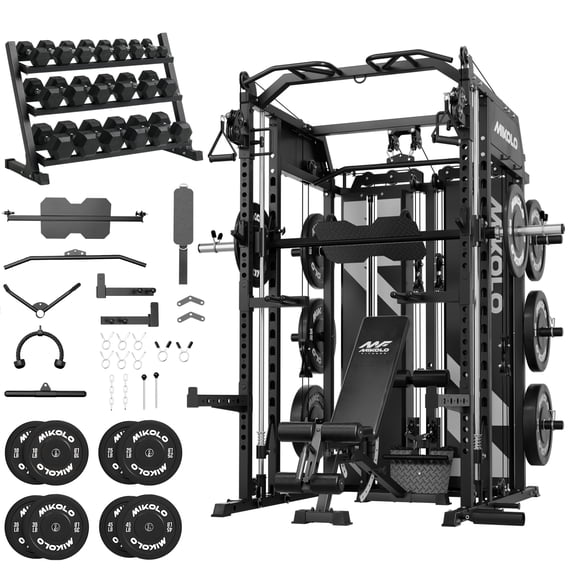 Mikolo HORUS Smith machine, Functional Trainer with Dual 132LBS Weight Stack, Full Body Workout Machine with 550LBS Dumbbell Set