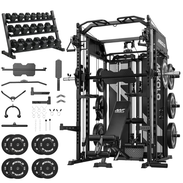 Mikolo HORUS Smith machine, Functional Trainer with Dual 132LBS Weight Stack, Full Body Workout Machine with 550LBS Dumbbell Set