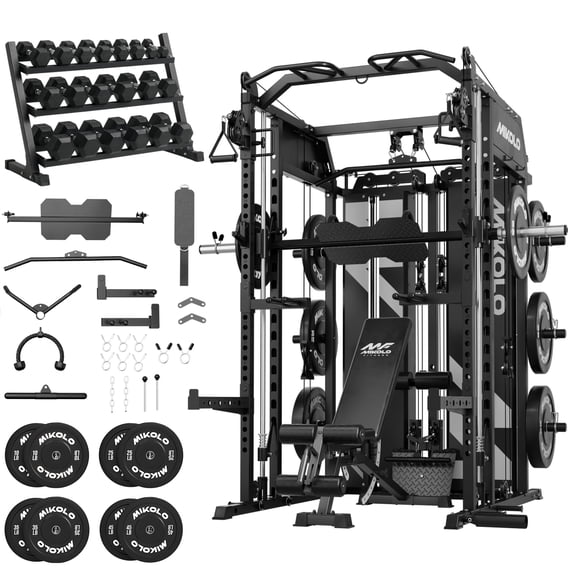 Mikolo HORUS Smith machine, Functional Trainer with Dual 132LBS Weight Stack, Full Body Workout Machine with 550LBS Dumbbell Set