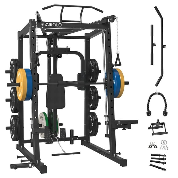 Mikolo Smith Machine, 2000LBS Power Cage Squat Rack with Smith Bar, Chest Fly Machine with Two LAT Pull-Down Systems, Cable Crossover Machine and More Cable Attachment for Home gym
