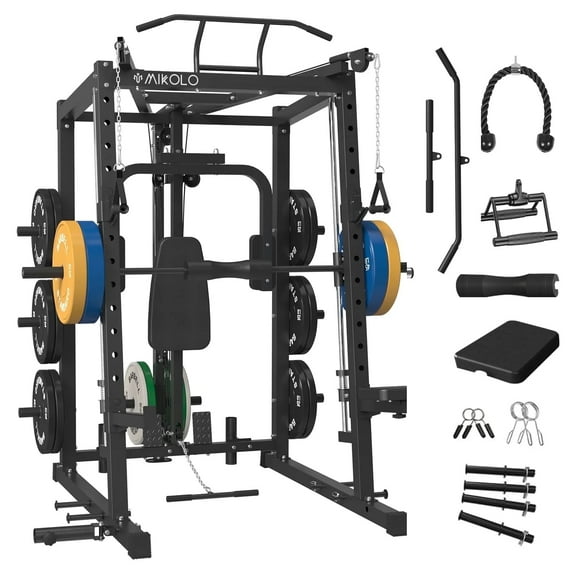 Mikolo Smith Machine, 2000LBS Power Cage Squat Rack with Smith Bar, Chest Fly Machine with Two LAT Pull-Down Systems, Cable Crossover Machine and More Cable Attachment for Home gym