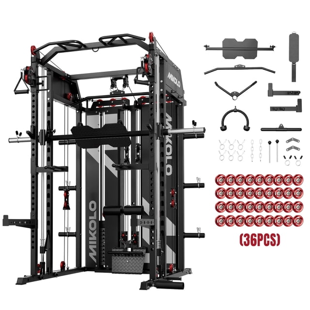 Mikolo Smith Machine Home Gym, 2200LBS Power Rack with 36pcs Aluminum Pulley, Functional Trainer with Dual 132LBS Weight Stack, Full Body Workout Home Gym