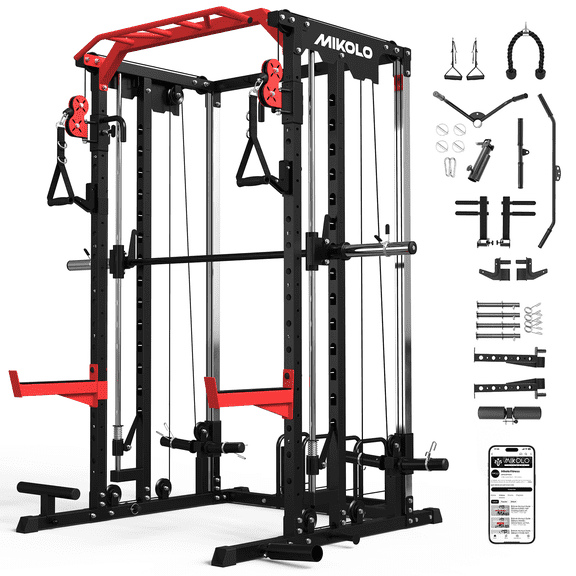 Mikolo Smith Machine, 2000LBS Power Cage Squat Rack with Smith Bar, Two LAT Pull-Down Systems, Cable Crossover Machine and More Cable Attachment for Home Gym