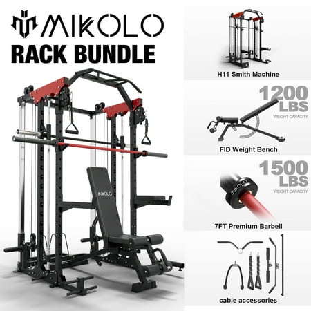 Mikolo Smith Machine, 2000LBS Power Cage Squat Rack with Smith Bar, Two LAT Pull-Down Systems, Cable Crossover Machine and and More Cable Attachment for Home Gym