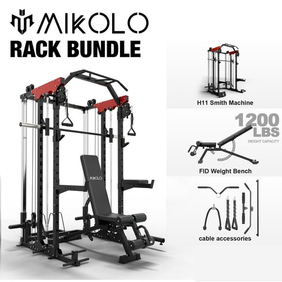 Mikolo Smith Machine, 2000LBS Power Cage Squat Rack with Smith Bar, Two LAT Pull-Down Systems, Cable Crossover Machine and and More Cable Attachment for Home Gym