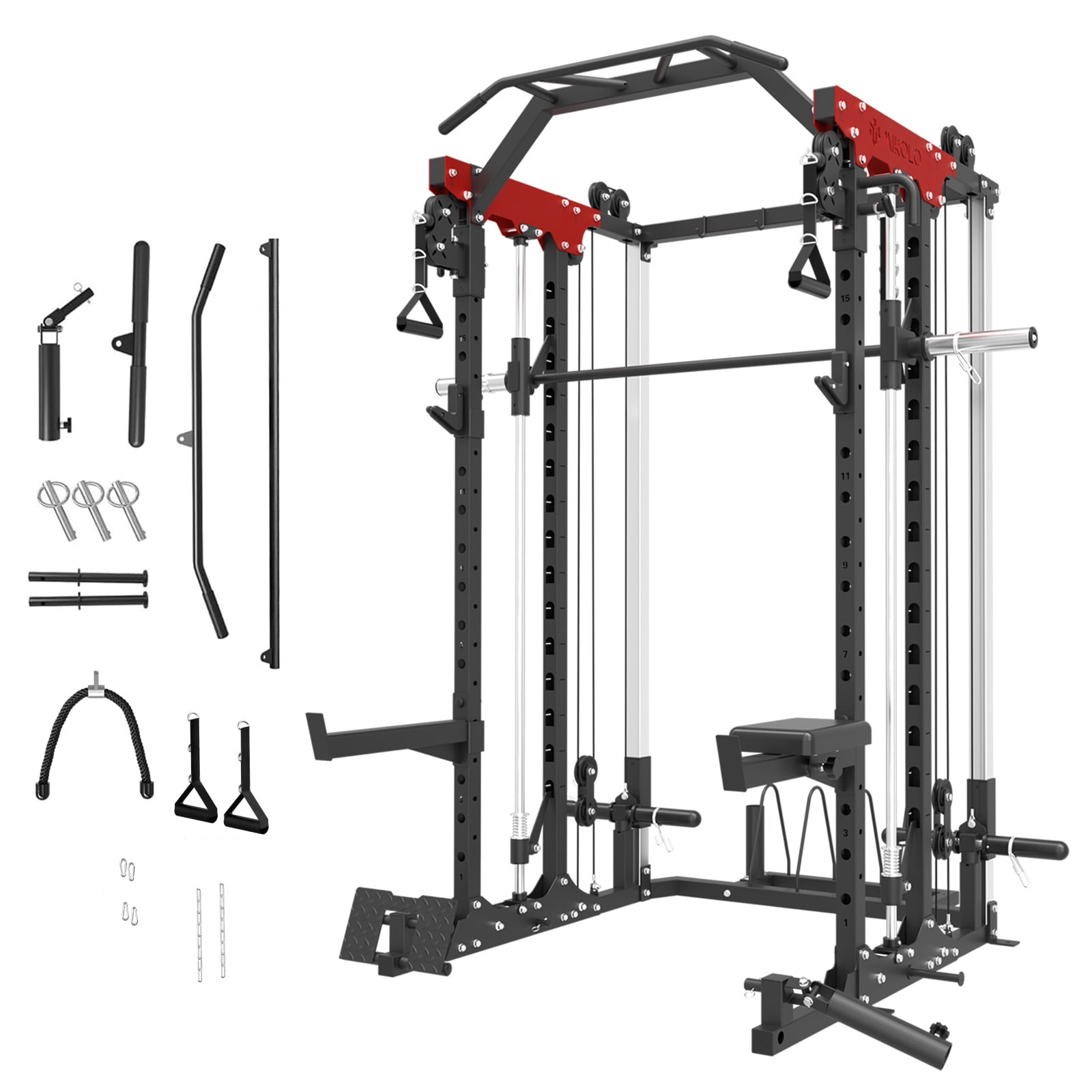Walmart Deals of Mikolo Smith Machine, 2000LBS Power Cage Squat Rack with Smith Bar, Two LAT Pull-Down Systems, Cable Crossover Machine and More Cable Attachment for Home Gym