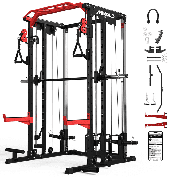Mikolo Smith Machine, 2000LBS Power Cage Squat Rack with Smith Bar, Two LAT Pull-Down Systems, Cable Crossover Machine and More Cable Attachment for Home Gym