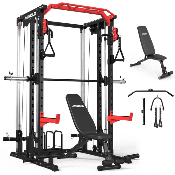 Mikolo Smith Machine, 2000LBS Power Cage Squat Rack with Smith Bar, Two LAT Pull-Down Systems, Cable Crossover Machine and and More Cable Attachment for Home Gym